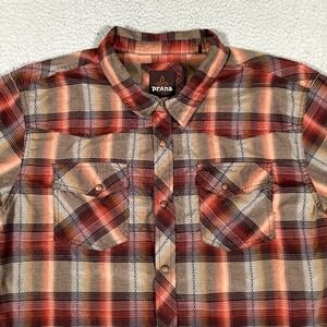 prAna Shirt Mens XL Brown Plaid Snap Button Casual Preppy Outdoor Pockets Logo
